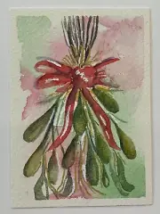 Hand Painted Art ACEO OOAK Watercolor Christmas MistletoeRed Ribbon Arches Paper