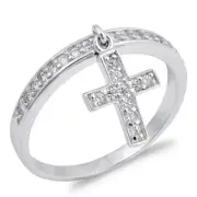 Dangling Cross Rings Sterling Silver 925 Rhodium Plated Height 12mm Sizes 4 - 10