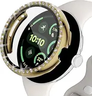 Screen Protector Case Compatible with Google Pixel Watch 3 41mm 45mm Bling Rhinestone Case Hard PC Full Protective Cover with Tempered Glass Film for Pixel Watch 3 Accessories(Gold, 45mm)