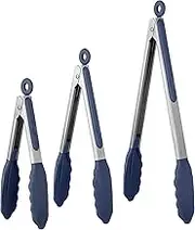 315℃ Heat Resistant Kitchen Tongs: U-Taste 18+23+30 cm Silicone Cooking Tong Set with Non Stick Rubber Tips and Silicon Coated 18/8 Stainless Steel Handle for Serving Grilling Salad(Midnight Blue)