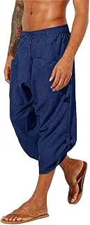 [Gafeng] Mens Linen Harem Capri Pants Drawstring 3/4 Shorts Casual Beach Yoga Hippie Thai Pants
