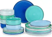 18PCS Vancasso Bonita Dinnerware Stoneware Dinner Plates With Bowls Set Blue NEW