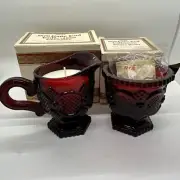 Vintage Avon Cape Cod Creamer Candle & Sugar Bowl Sachets Ruby Red Glass NEW OS