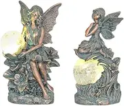 TERESA'S COLLECTIONS Fairy Garden Sculptures & Statues for Outdoor Decor, Set of 2 Solar Outdoor Statues, Bronze Figurines with Crackle Glass Ball, Resin Angel Garden Decor Valentine Gifts for Mom,10”