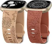 [Minyee] 2 Packs Floral Engraved Band Compatible with Fitbit Versa 4/Versa 3/Sense 2/Sense Band Women, Cute Silicone Dandelion Sunflower Design Soft Sport Fancy Summer Strap for Versa 4