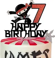 Happy 7th Birthday Cake Topper - Kung FU Ninja Themed Karate Boy Girl Baby Shower Glitter Party Cake Decoration - seven Years Old Birthday Party Decor