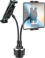 Cup Holder Tablet Mount for Car, [Double Device Clamp] Dual iPad Phone Car Mount with 10" Gooseneck Adjustable Arm for iPad Pro 12.9 Air Mini, Galaxy Tabs, iPhone, 4-13" Cell Phones and Tablets