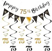 75th Birthday Decoration Kit, Happy 75th Birthday Banner Bunting Swirls Streamers, Triangle Flag Banner for Birthday Party Decorations Supplies Black and Gold 75th