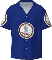 [HVTTIOR] Virginia State Flag Print Short Sleeve Shirt Cuban Collar Beach Casual Style Summer Vacation Relaxed Fit