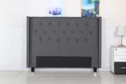 Bed Head Queen Charcoal Headboard Upholstery Fabric Studded Buttons