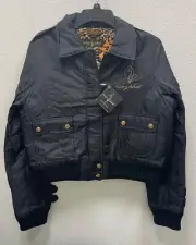 Baby Phat Women’s Black Cropped Zip Jacket w/ Orange Animal Print Lining *New*