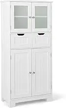 Giantex Floor Storage Cabinet with 4 Doors, Freestanding Bathroom Cabinet with 2 Glass Doors, 2 Drawers & Adjustable Shelves, Multifunctional Storage Organizer Cupboard for Kitchen Living Room, White