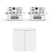 2-Piece Wireless Light Wall Switch with RF 433MHz Relay Receiver and 1x 2-Gang Panel Switch Equipped with LED Remote Control White