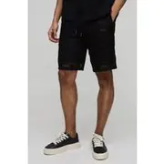 Mens Black Elasticated Relaxed Fit Checkerboard Open Stitch Shorts