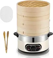Electric Food Steamer,Multi-Steam Cooking Pan with 3-Tier Bamboo Steamer with 60 Min Timer Auto Shut-Off, for Vegetable Healthy Cooking