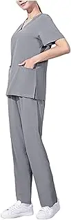 [Legou] Women’s Summer Work Uniform Short-Sleeve V-neck Scrub Shirt Elastic Jogger Pants Quick-drying Suit Doctor Nurse Beauty Center Pet Groomer Work wears Clothes Two-Piece Scrubs Set