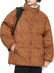 [Gsywaipei] Men's Suede Cotton Down Jacket Winter Solid Color Male Insulated Coat Padded Lined Zip Up Warm Jackets, Coffee, Large