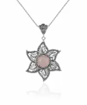 Filigree Art Pink Chalcedony Gemstone Star Design Women Silver Pendant Necklace