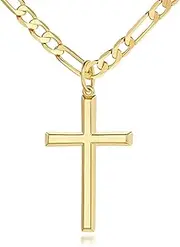 Verniflloga 14k Gold Cross Necklace for Men Large Gold Cross Pendant Figaro Chain for Mens Gold Chain 5mm Masculine Appeal 20, 22, 24 Inch