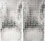 2 Pcs Silver Foil Fringe Square Curtain Party Decorations,Sequin Square Curtain Photo Backdrop Props Suitable for Birthday Party Bachelorette Engagement Christmas New Years Decor (3.3 x 6.6 Ft)
