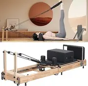Oak Pilates Machine Reformer, Folding Multifunctional Home Gym Equipment with High Resistance Springs, Jump Board