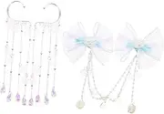 [WOONEKY] Mermaid Hair Clips for Boys and Girls Girls Blue Forehead Chain Head Jewelry Stylish Tassel Bow Hair Accessories Artificial Pearl Decorations
