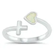 Heart & Cross Ring Sterling Silver 925 White Lab Opal Face Height 12 mm Size 9