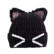 Kids Girls Sequin Cat Ears Hats Winter Knitted Beanie 7-12 Years Cat Ears Black