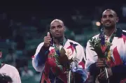 USA Charles Barkley and Grant Hill victorious with medals after wi- Old Photo