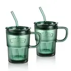 Glass Coffee Cups Tumbler with Handle Lid and Straw,Smoothie Iced Tea Glasses...