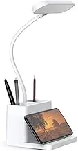 Small Desk Lamps for Home Office, White Desk Light for Kids, LED Desktop/Computer Study Lamps for Bedrooms, Rechargeable, Battery Operated, Pen/Phone Holder, Adjustable Gooseneck Table Lamp