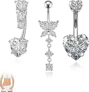 [Babbblisio] 3Pcs Belly Button Bars belly button bars Navel Button Rings Piercing Jewellery dangly belly button bars Belly Navel Button Rings Butterfly Heart belly button piercing, Stainless Steel