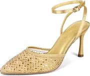 [PIZZ ANNU] Women's Cienna High Heels Sexy Stiletto Pumps Closed Toe Mesh Sparkly Rhinestones Ankle Strap Dress Wedding Party Pumps Shoes