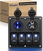 Nilight - 90107D 4 Gang Rocker Switch Panel Waterproof Pre-wired Switch Panel with USB Charger & Power Socket and Fuse DC 12V 24V Rocker Switch Panel for Car Rv Vehicles Trucks