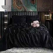 ROOEE Satin Silk Complete Bedding Set - 6 PCS - Fitted sheet, Duvet Cover, 4 Pillow Cases. Color - Black Size - Super King