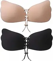[LQALYNLQ] Invisible Adhesive Strapless Bra 2 Pack Sticky Push Up Silicone Bra with Drawstring for Women