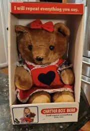 VINTAGE CHATTERBOX GIRL BEAR PLUSH BROWN 16" TEDDY BEAR RECORDS VOICE TYGLON TOY
