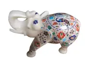 15" White Marble Elephant Sculpture Multi Stone Peacock Floral Inlaid Gift Dec