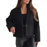 Women Woolen Jacket Turn-down Collar Solid Color Single Button Closure Coat Loose Short Type Thermal Long Sleeved Commuting Dating Fall Winter Coat...