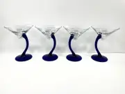 Set 4 Libbey Bravura Swerve Cobalt Blue & Clear Deco Style Martini Glasses
