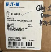 EATON IND CIRCUIT BREAKER, HFD3060, 60 A, 3 P, 480 V, TYPE HFD, 65kA@480 V. NEW.