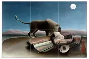Tile Mural Sleeping Gypsy Lion by H. Rousseau Kitchen Backsplash Marble Ceramic