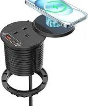 Desk Power Grommet 80MM with Cover, Ohuo Desk Power Socket with USB C 20W and Wireless Charging, 1 USB A Port, 1 USB C Port, 2M Cable, Black