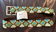 NWT Tabask Handmade Peru Colorful Cross Wool Belt Silver Stamped Buckle Crewel M