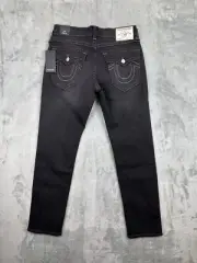 True Religion Jeans Geno Big T Flap Men 33x32 Relaxed Slim Coal Grey Pink Stitch