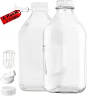 64oz/2L Glass Milk Bottle with Dispenser Cap, 2 Pack Glass Juice Bottles - 2 Airtight Screw Lid & 2 Silicone Sealing Gaskets & 2 Carry Handles, Jug Pitcher, Water, Syrup, Honey, Buttermilk (64oz)