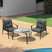 Livsip Outdoor Patio Set 3pc Lounge Sets 70CM Grey Marble Table Rattan Chairs