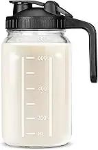 UYEIKMLOP 32 OZ Mason Jars with Lid, Glass Pitcher Double Leak Proof with Pour Spout Handle, 1 Quart Wide Mouth Breast Milk Pitcher for Fridge, Creamer Container for Coffee, Sun Tea, Juice - 1 Pack