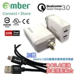 【AMBER】最新QC3.0高通認證30W足瓦雙口USB充電器(支援IPHONE 14以下 限量贈送售價490元充電線)