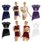 Women's 2 Pcs Mesh Asymmetrical Contemporary Crop Tops with Skirt Set Dancewear-